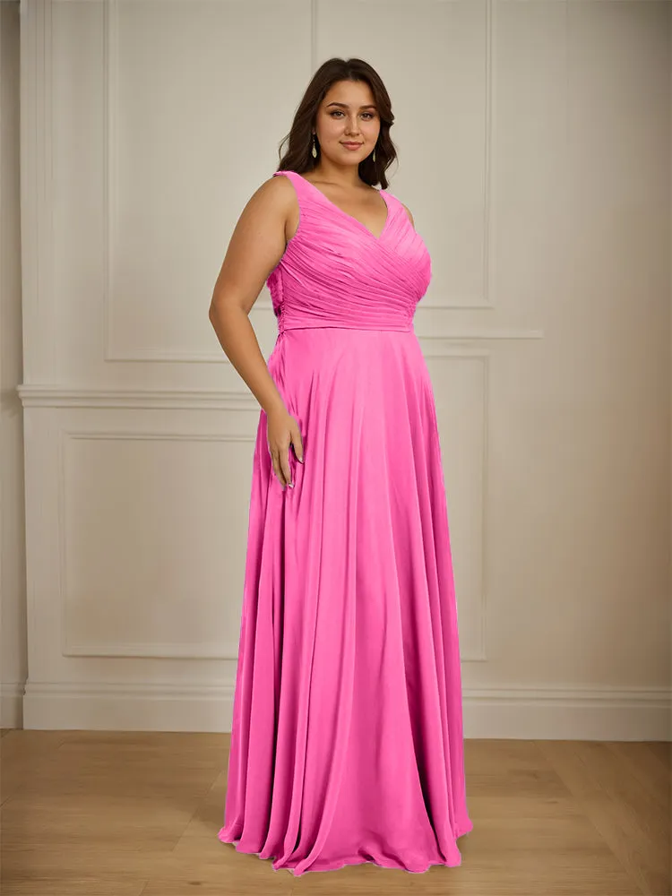 Ruched V Neck Plus Size Floor Length Bridesmaid Dresses