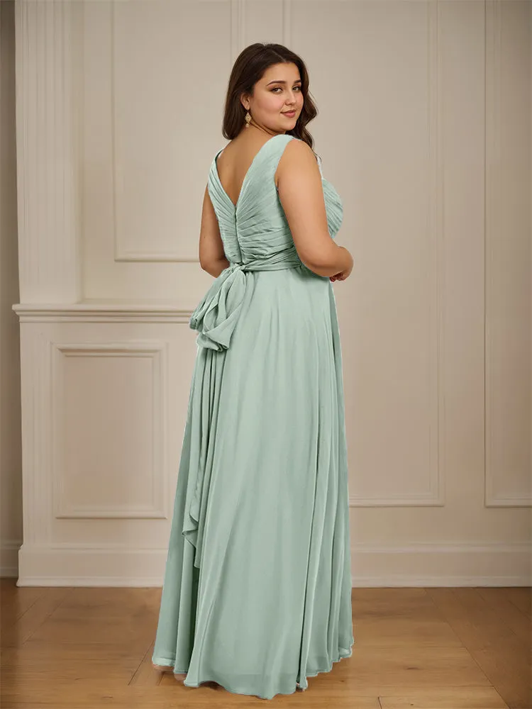 Ruched V Neck Plus Size Floor Length Bridesmaid Dresses