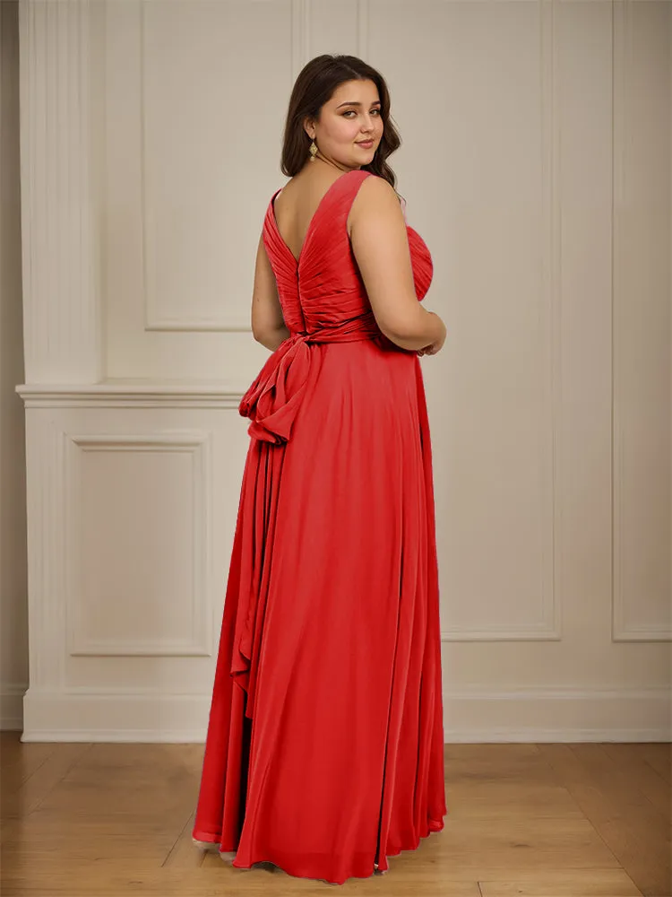 Ruched V Neck Plus Size Floor Length Bridesmaid Dresses