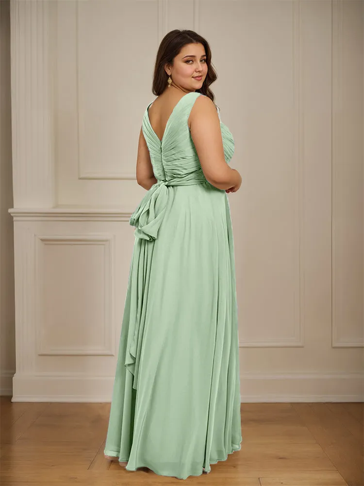Ruched V Neck Plus Size Floor Length Bridesmaid Dresses