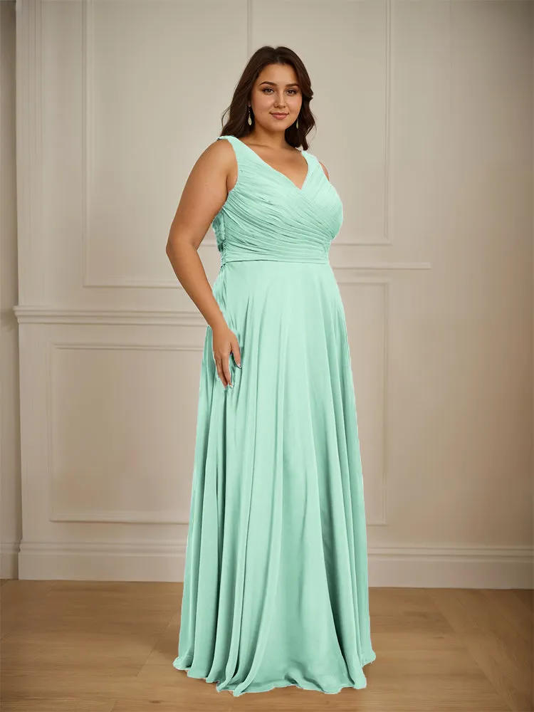 Ruched V Neck Plus Size Floor Length Bridesmaid Dresses