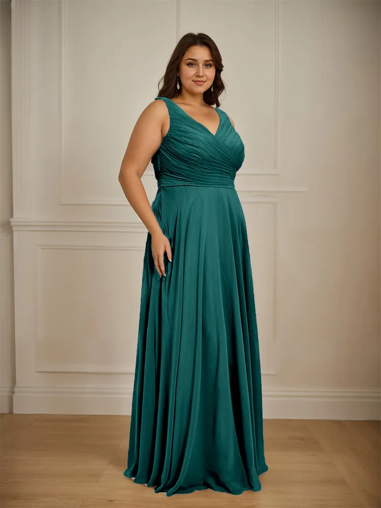 Ruched V Neck Plus Size Floor Length Bridesmaid Dresses