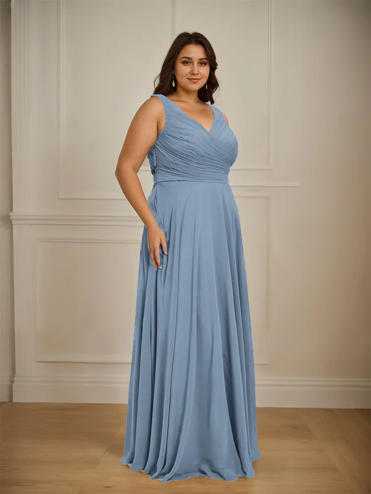 Ruched V Neck Plus Size Floor Length Bridesmaid Dresses