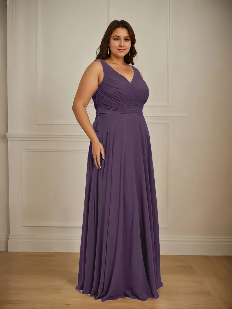 Ruched V Neck Plus Size Floor Length Bridesmaid Dresses