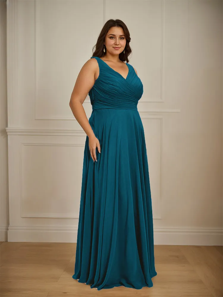 Ruched V Neck Plus Size Floor Length Bridesmaid Dresses