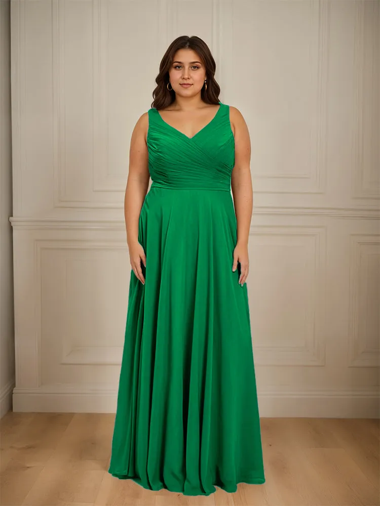 Ruched V Neck Plus Size Floor Length Bridesmaid Dresses