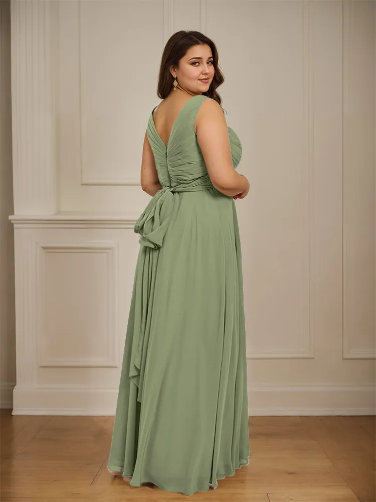 Ruched V Neck Plus Size Floor Length Bridesmaid Dresses