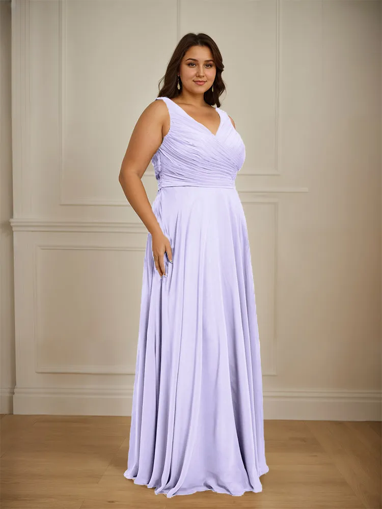 Ruched V Neck Plus Size Floor Length Bridesmaid Dresses