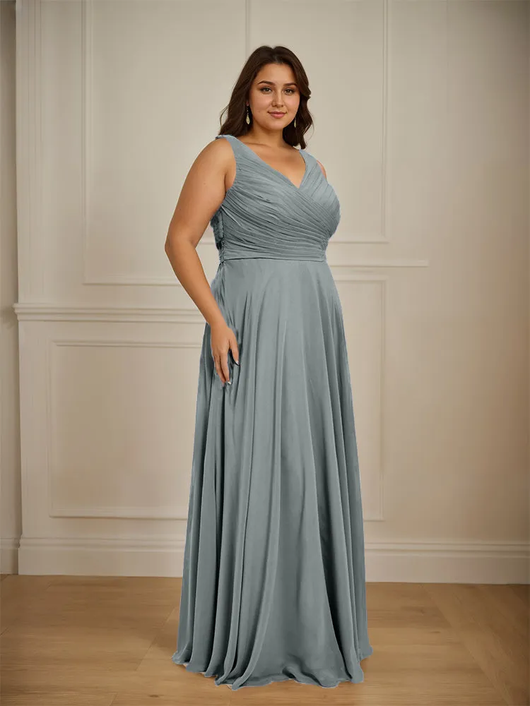 Ruched V Neck Plus Size Floor Length Bridesmaid Dresses