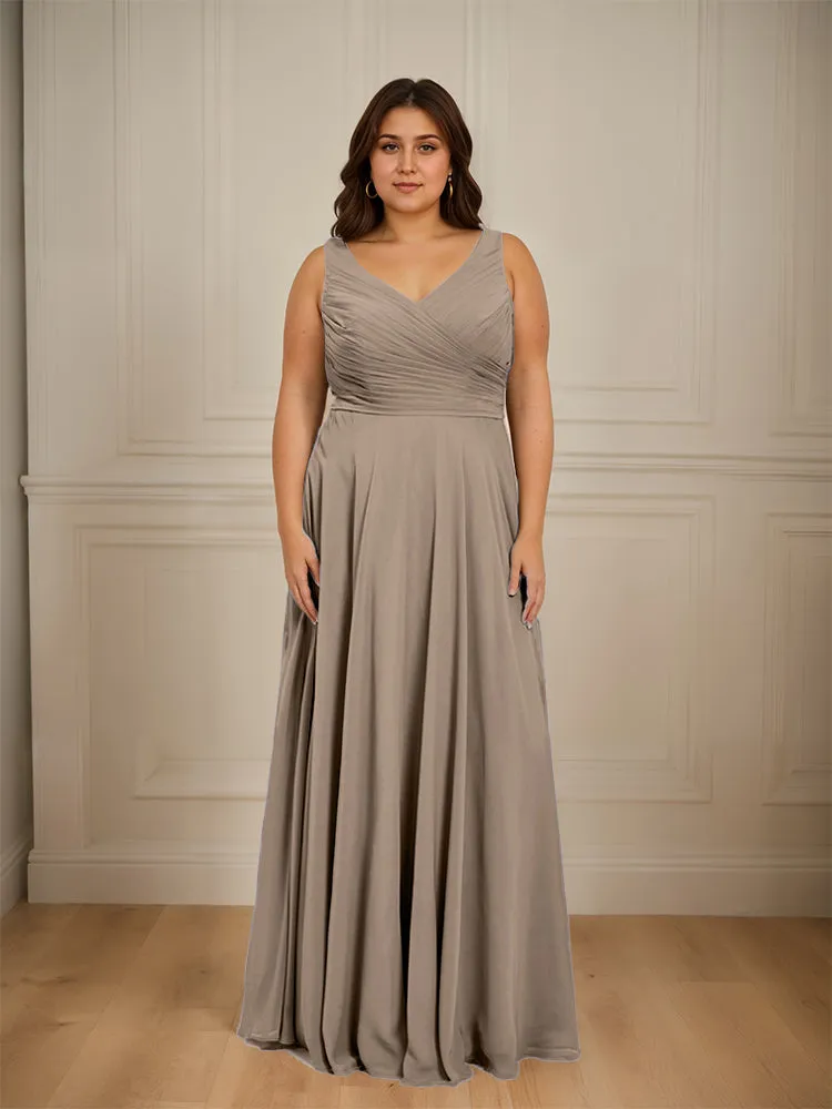 Ruched V Neck Plus Size Floor Length Bridesmaid Dresses