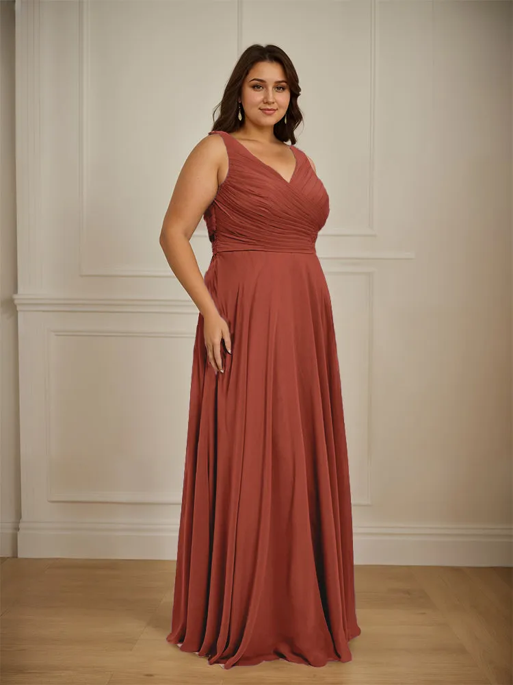 Ruched V Neck Plus Size Floor Length Bridesmaid Dresses