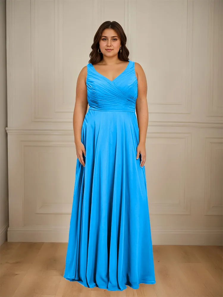 Ruched V Neck Plus Size Floor Length Bridesmaid Dresses