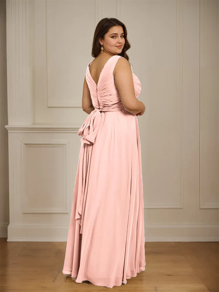 Ruched V Neck Plus Size Floor Length Bridesmaid Dresses