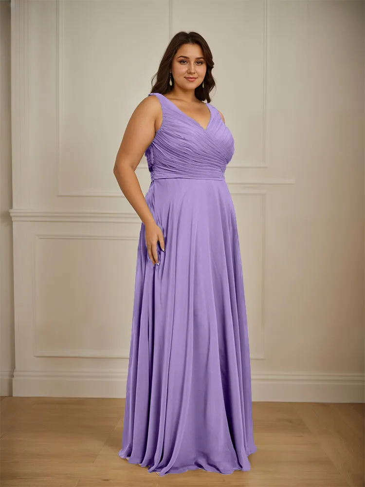 Ruched V Neck Plus Size Floor Length Bridesmaid Dresses