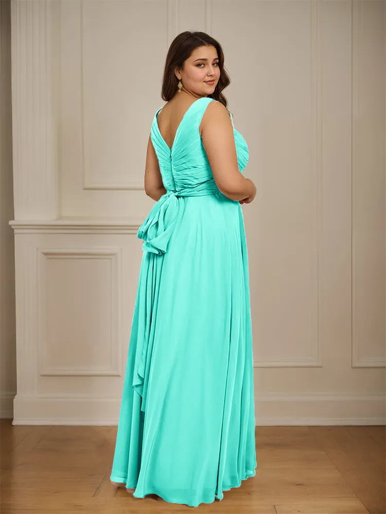 Ruched V Neck Plus Size Floor Length Bridesmaid Dresses