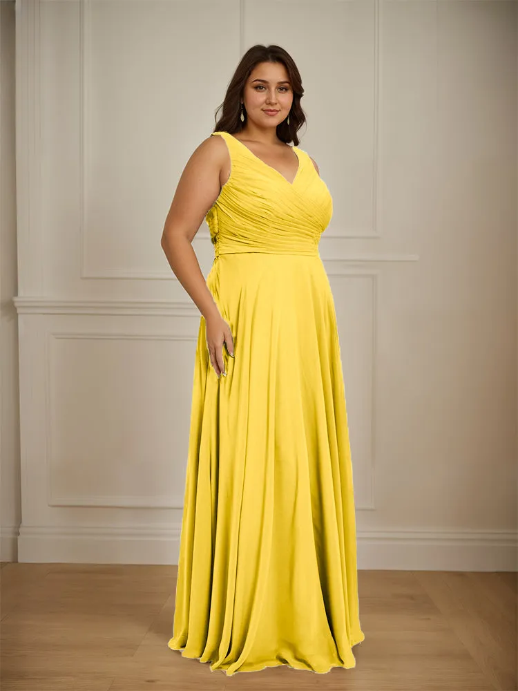 Ruched V Neck Plus Size Floor Length Bridesmaid Dresses
