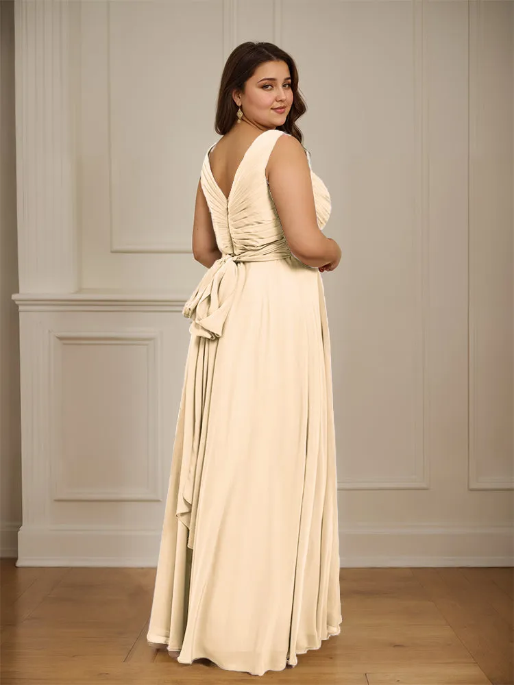 Ruched V Neck Plus Size Floor Length Bridesmaid Dresses