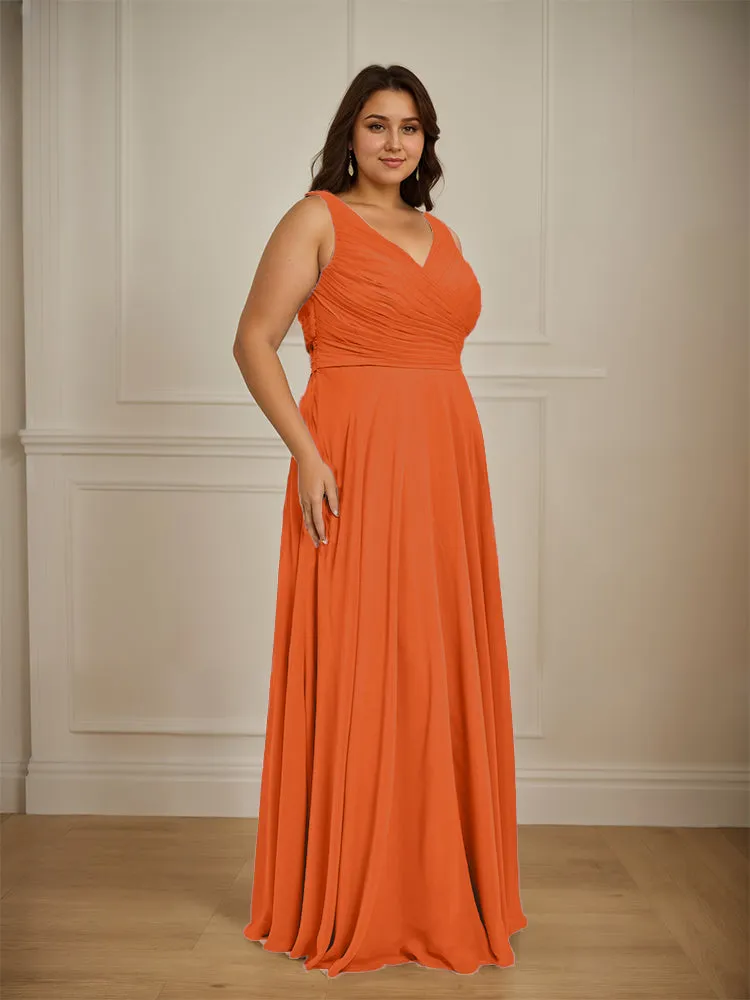 Ruched V Neck Plus Size Floor Length Bridesmaid Dresses