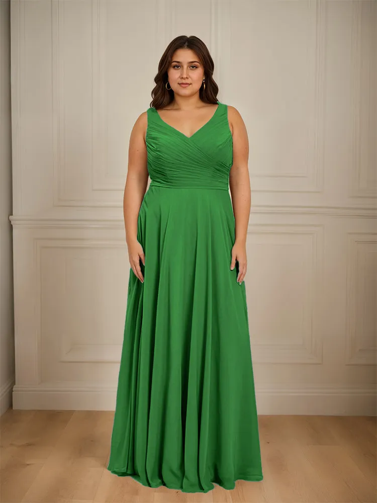 Ruched V Neck Plus Size Floor Length Bridesmaid Dresses
