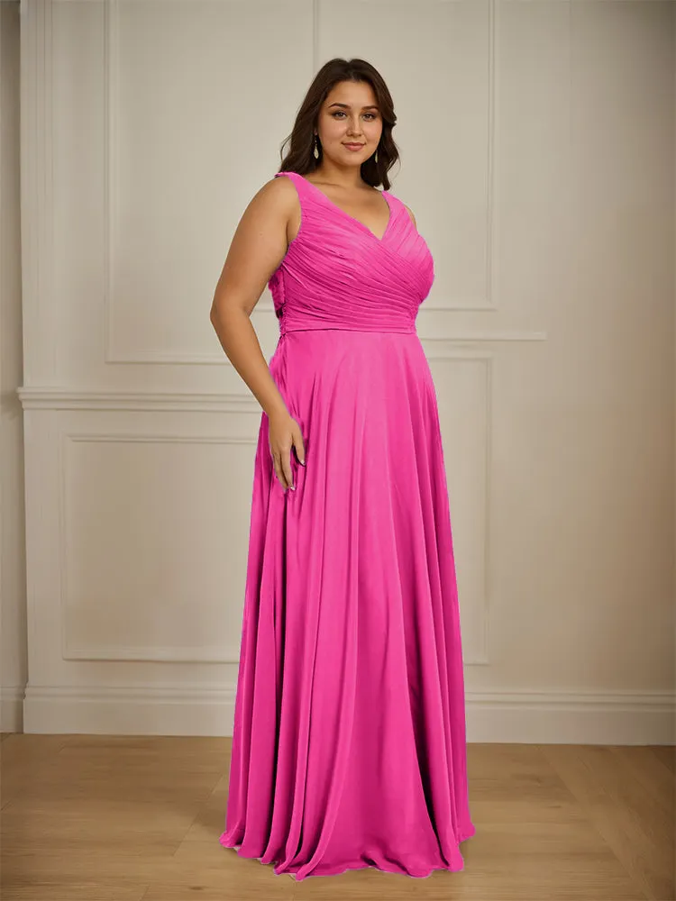 Ruched V Neck Plus Size Floor Length Bridesmaid Dresses