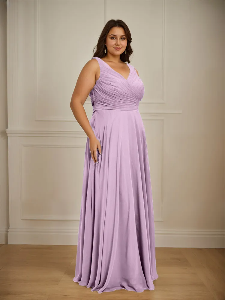Ruched V Neck Plus Size Floor Length Bridesmaid Dresses