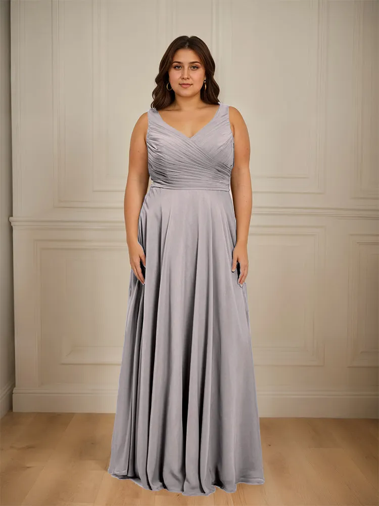 Ruched V Neck Plus Size Floor Length Bridesmaid Dresses