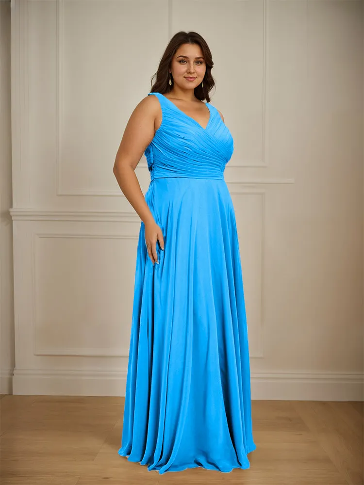 Ruched V Neck Plus Size Floor Length Bridesmaid Dresses