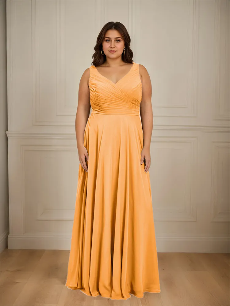 Ruched V Neck Plus Size Floor Length Bridesmaid Dresses