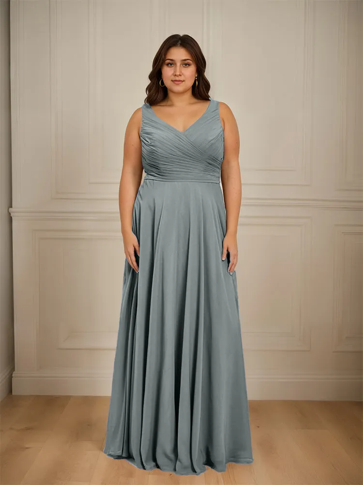 Ruched V Neck Plus Size Floor Length Bridesmaid Dresses