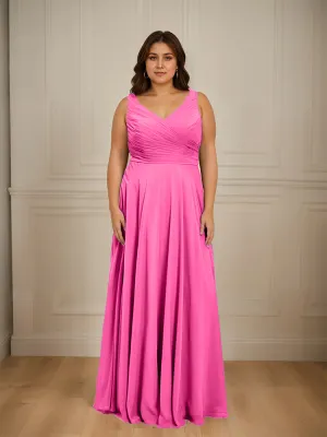 Ruched V Neck Plus Size Floor Length Bridesmaid Dresses