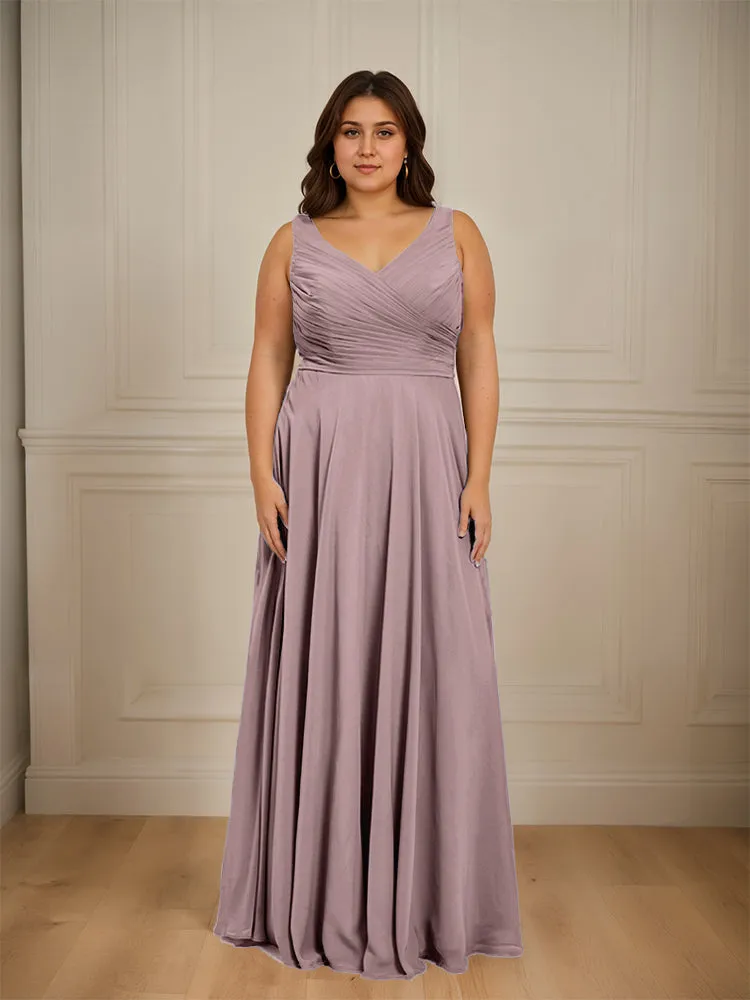 Ruched V Neck Plus Size Floor Length Bridesmaid Dresses