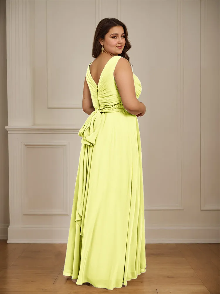 Ruched V Neck Plus Size Floor Length Bridesmaid Dresses