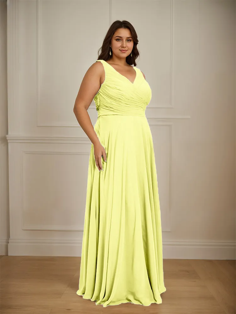Ruched V Neck Plus Size Floor Length Bridesmaid Dresses