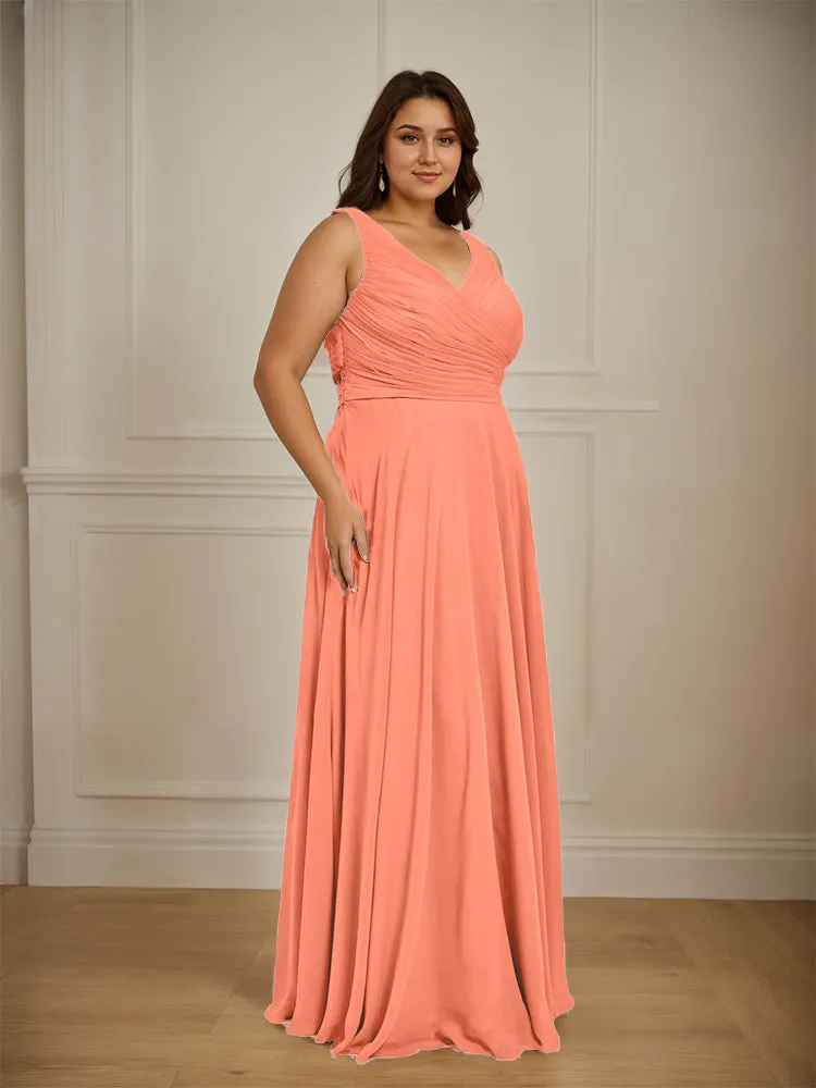 Ruched V Neck Plus Size Floor Length Bridesmaid Dresses