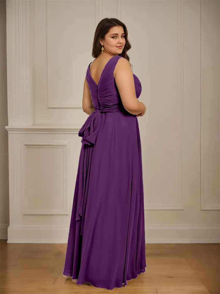 Ruched V Neck Plus Size Floor Length Bridesmaid Dresses