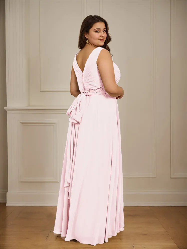 Ruched V Neck Plus Size Floor Length Bridesmaid Dresses