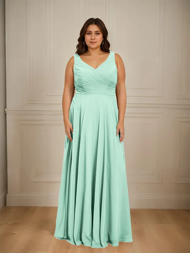 Ruched V Neck Plus Size Floor Length Bridesmaid Dresses