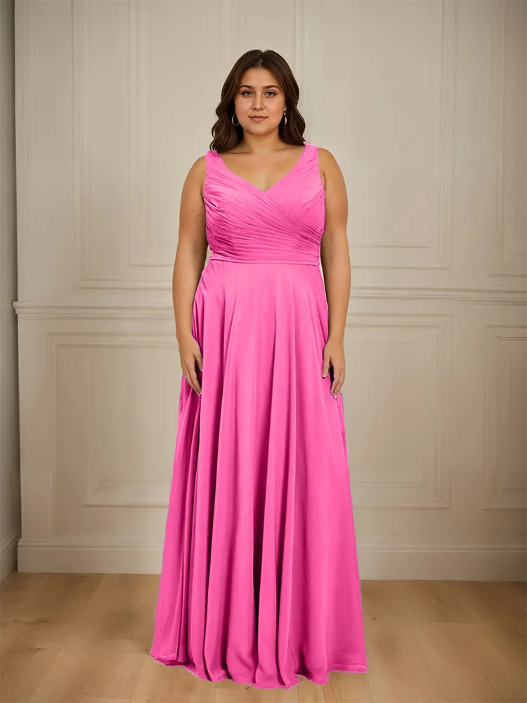 Ruched V Neck Plus Size Floor Length Bridesmaid Dresses