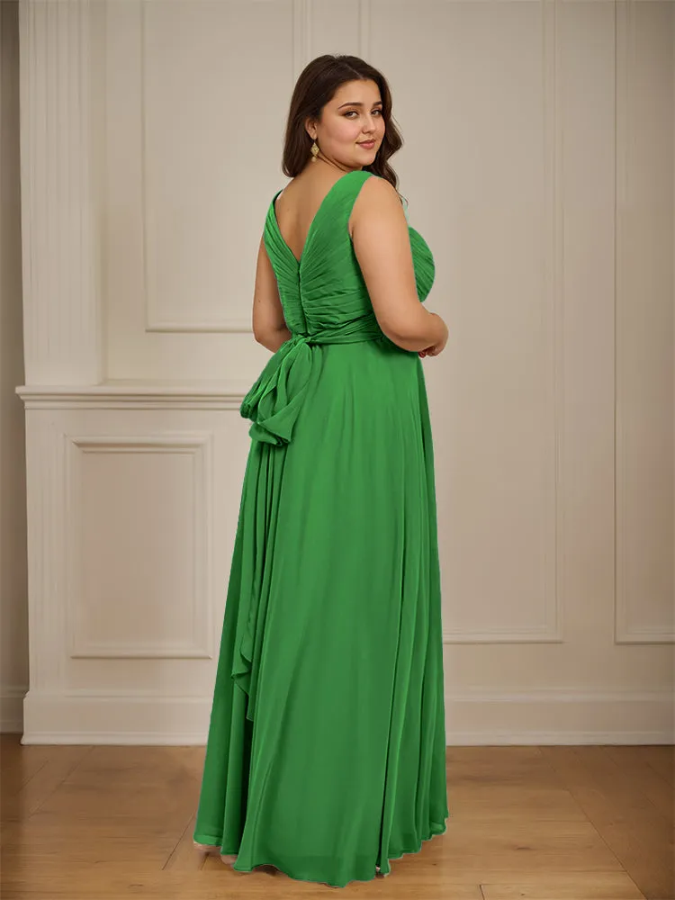 Ruched V Neck Plus Size Floor Length Bridesmaid Dresses