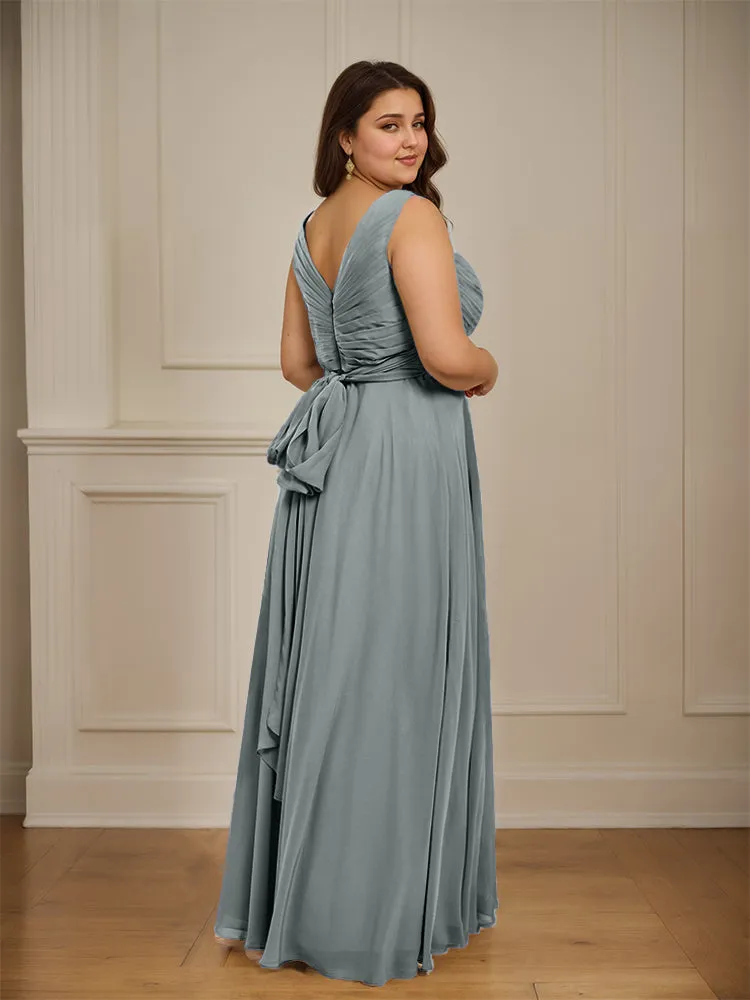 Ruched V Neck Plus Size Floor Length Bridesmaid Dresses