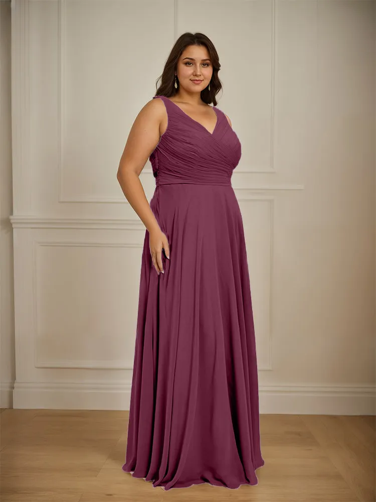 Ruched V Neck Plus Size Floor Length Bridesmaid Dresses
