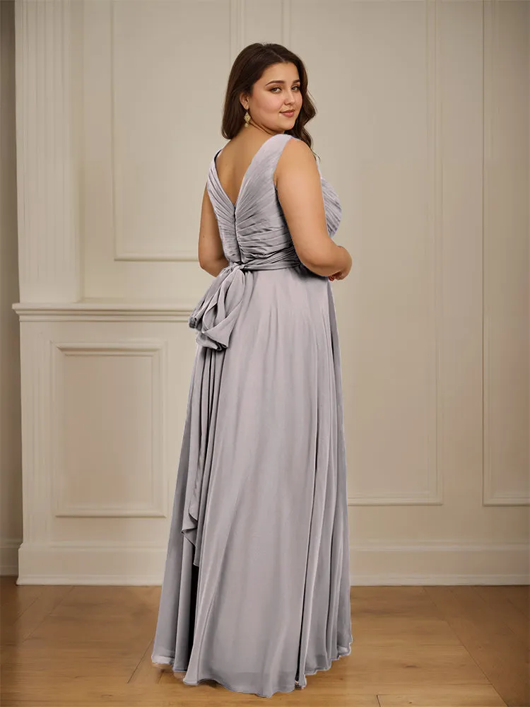 Ruched V Neck Plus Size Floor Length Bridesmaid Dresses