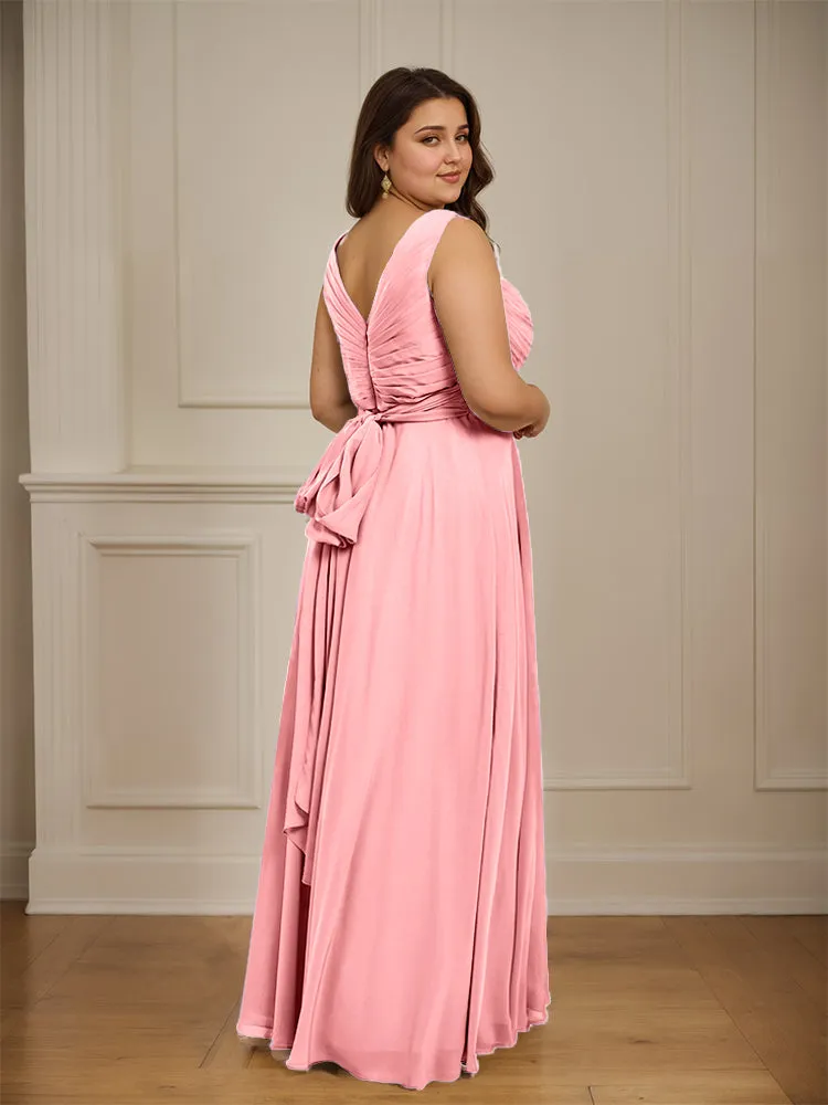 Ruched V Neck Plus Size Floor Length Bridesmaid Dresses