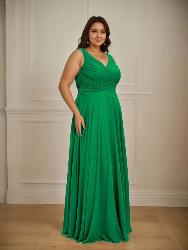 Ruched V Neck Plus Size Floor Length Bridesmaid Dresses