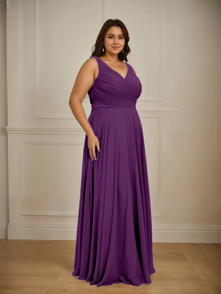 Ruched V Neck Plus Size Floor Length Bridesmaid Dresses