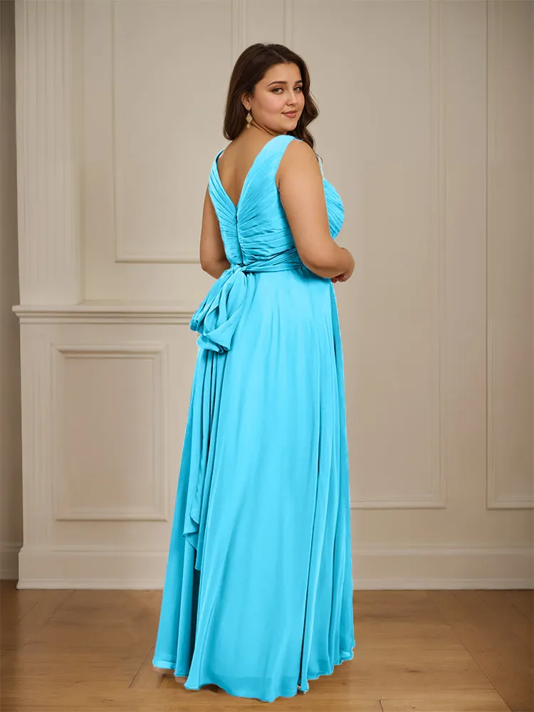 Ruched V Neck Plus Size Floor Length Bridesmaid Dresses