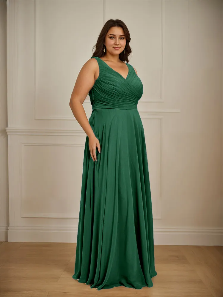 Ruched V Neck Plus Size Floor Length Bridesmaid Dresses