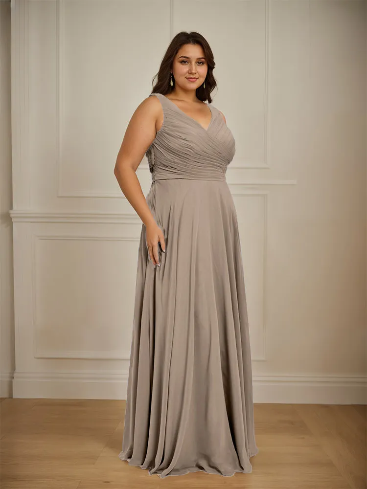 Ruched V Neck Plus Size Floor Length Bridesmaid Dresses
