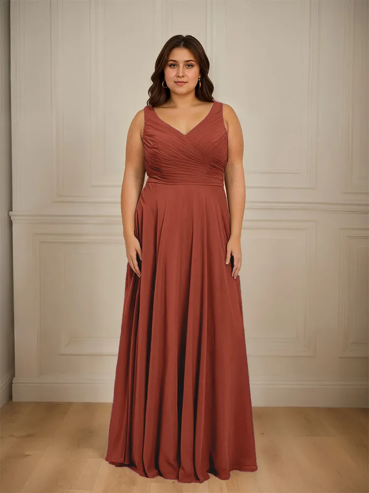 Ruched V Neck Plus Size Floor Length Bridesmaid Dresses