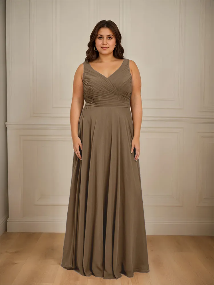 Ruched V Neck Plus Size Floor Length Bridesmaid Dresses